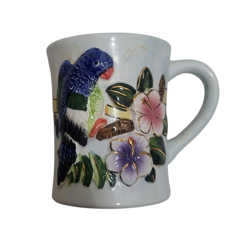 Vintage Embossed Tropical Bird & Flower Mug